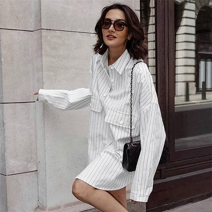 Striped Shirt Dress with Versatile Long Sleeves: WHITE / L