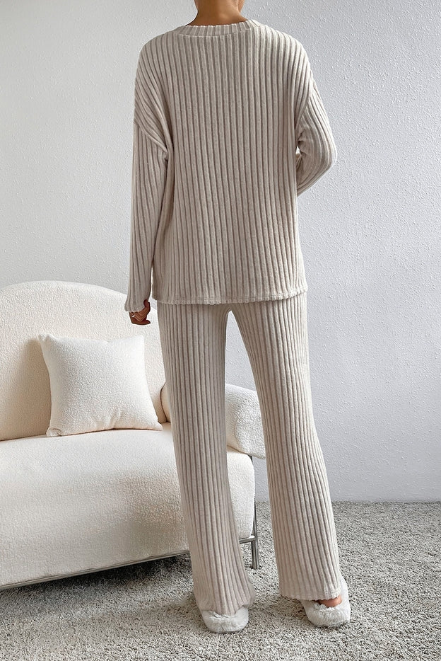 Women Long Sleeve Ribbed Knit V Neck Lounge Set By Lovesoft