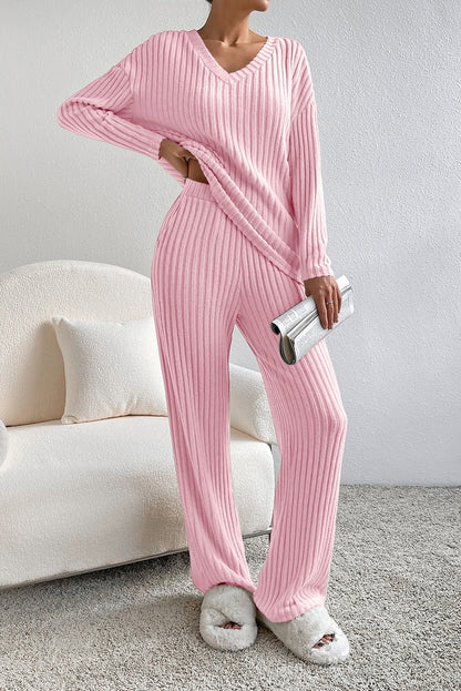 Women Long Sleeve Ribbed Knit V Neck Lounge Set By Lovesoft