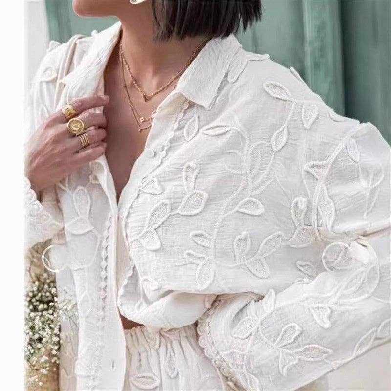 Women Fashionable White Jacquard Co-ord Set: WHITE / L