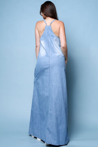 Women Maxi Dress Sleeveless Denim Fringe Detail By Farix