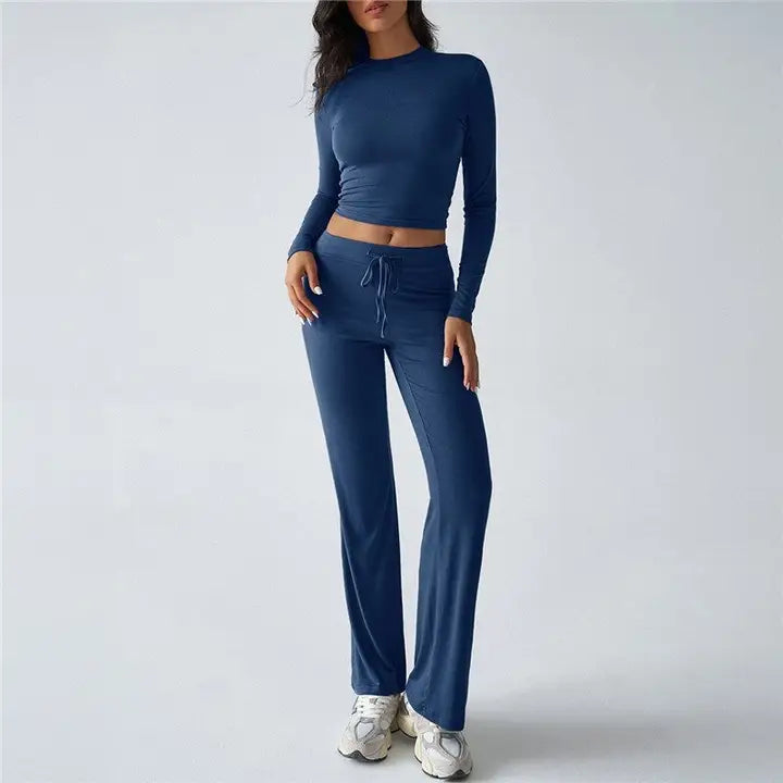 Women Long Sleeve Top and belted long pant