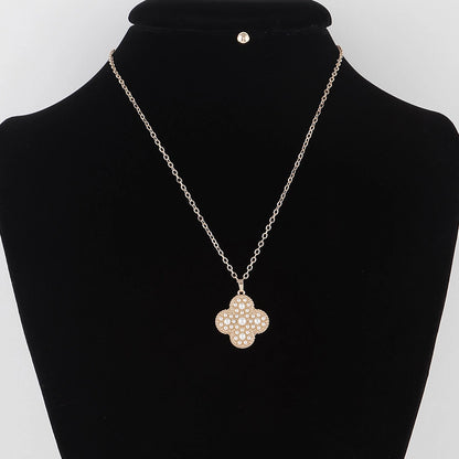 Women Necklace & Earrings Jeweled Clover Pendant Necklace Set with Earrings