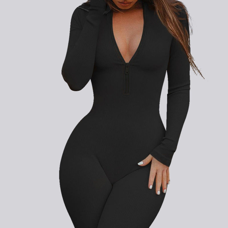 Women Ribbed Long Sleeve Zip up Casual Athletic Jumpsuit
