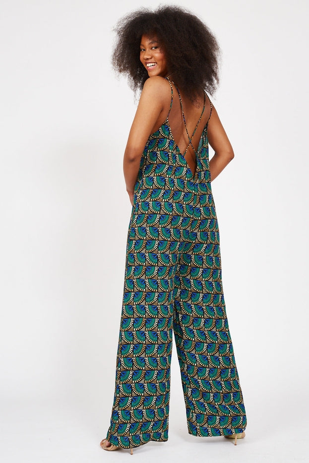 Women V Neck Jumpsuit Peacock Print By Silk & Salt