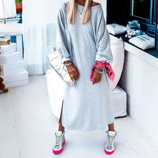 Casual Solid Color Long Sleeve Slit Hoodie Dress