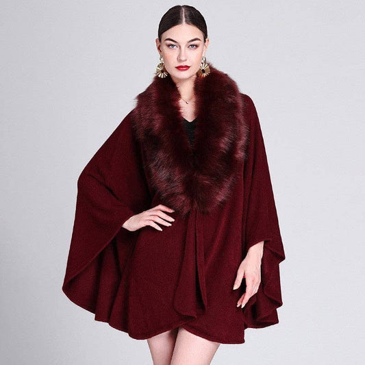 Mid-Length Faux Fox Fur Collar Shawl Cape: Burgundy