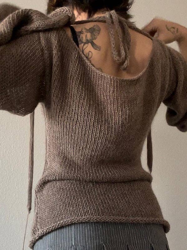 Long Sleeves Loose Back Cross Hollow Lace-Up Solid Color Round-Neck Sweater Tops: BROWN / L