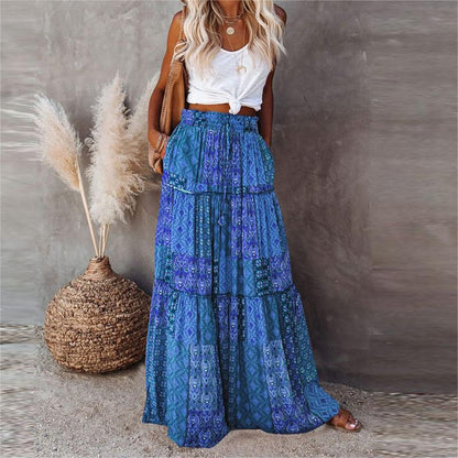 Women Boho Printed Pleated Loose Maxi Skirt By Rosa Clothing