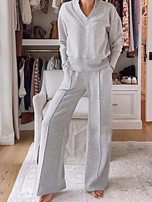Women Long Sleeve V Neck Elastic Waist Wide Leg Lounge Wear