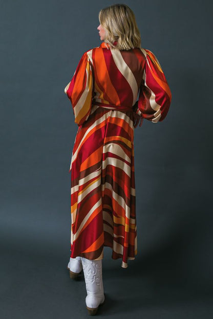 Women Maxi Dress Long Sleeve Printed Satin