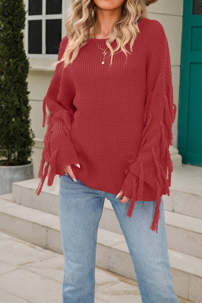 Women Solid Color Tassel Pullover Sweater Rosy / L