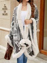 Women Long Sleeves Loose Jacquard Keep Warm Velvet Collarless Cape Shawl