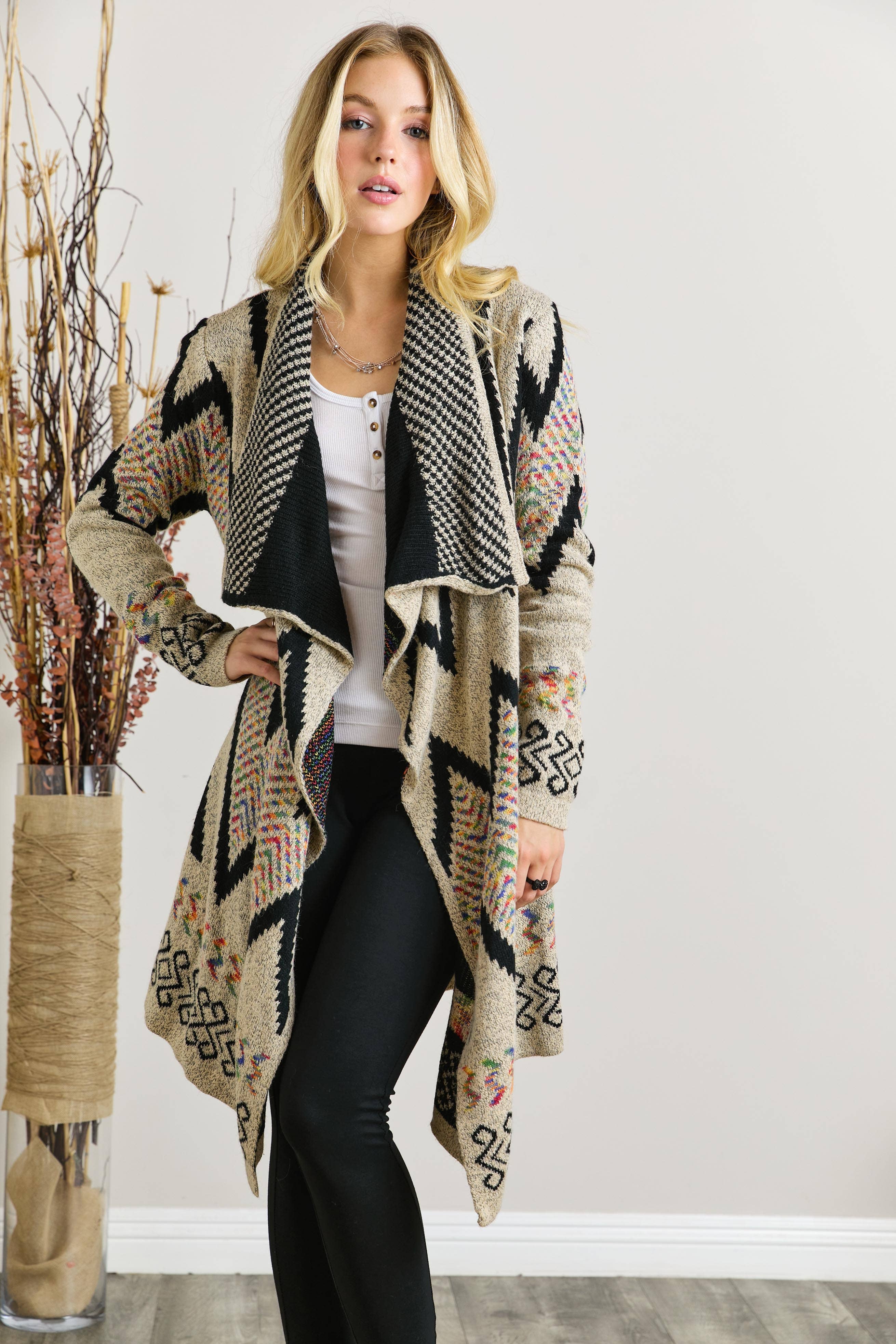 Women Sweater Aztec MULTI COLOR AZTEC SWEATER CARDIGAN: BEIGE