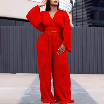 Women Pleated V Neck Pleated Wide Leg Pant
