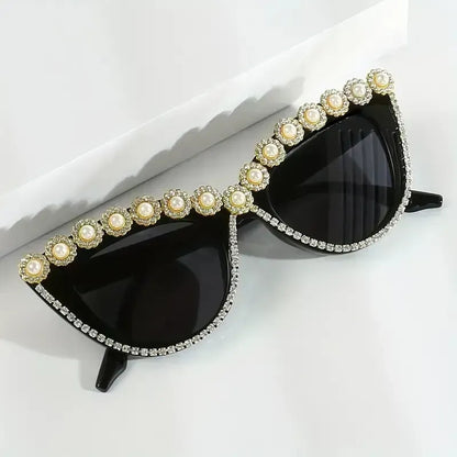 Women Cat Eye Glasses Vibrant Rhinestone & Pearls Frames Shade Glasses