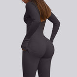 Women Ribbed Long Sleeve Zip up Casual Athletic Jumpsuit