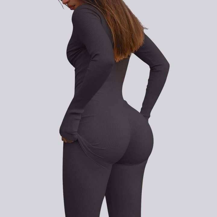 Women Ribbed Long Sleeve Zip up Casual Athletic Jumpsuit