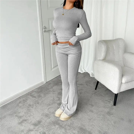 Women Long Sleeve Top and belted long pant
