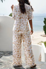 Printed Button Up Shirt and Pants 2pcs Set Black