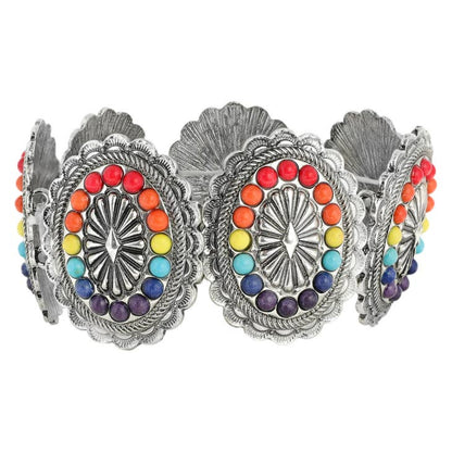 Women Bracelet Boho Western Stone Concho Silver Tone Stretch Bracelet