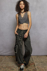 Women  Solid Side Pockets Stud Detail French Terry Knit Pant