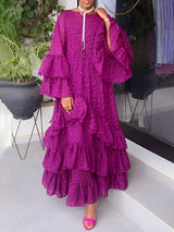 Women Flared Sleeves Loose Falbala Solid Color Round-Neck Maxi Dresses: PURPLE / L