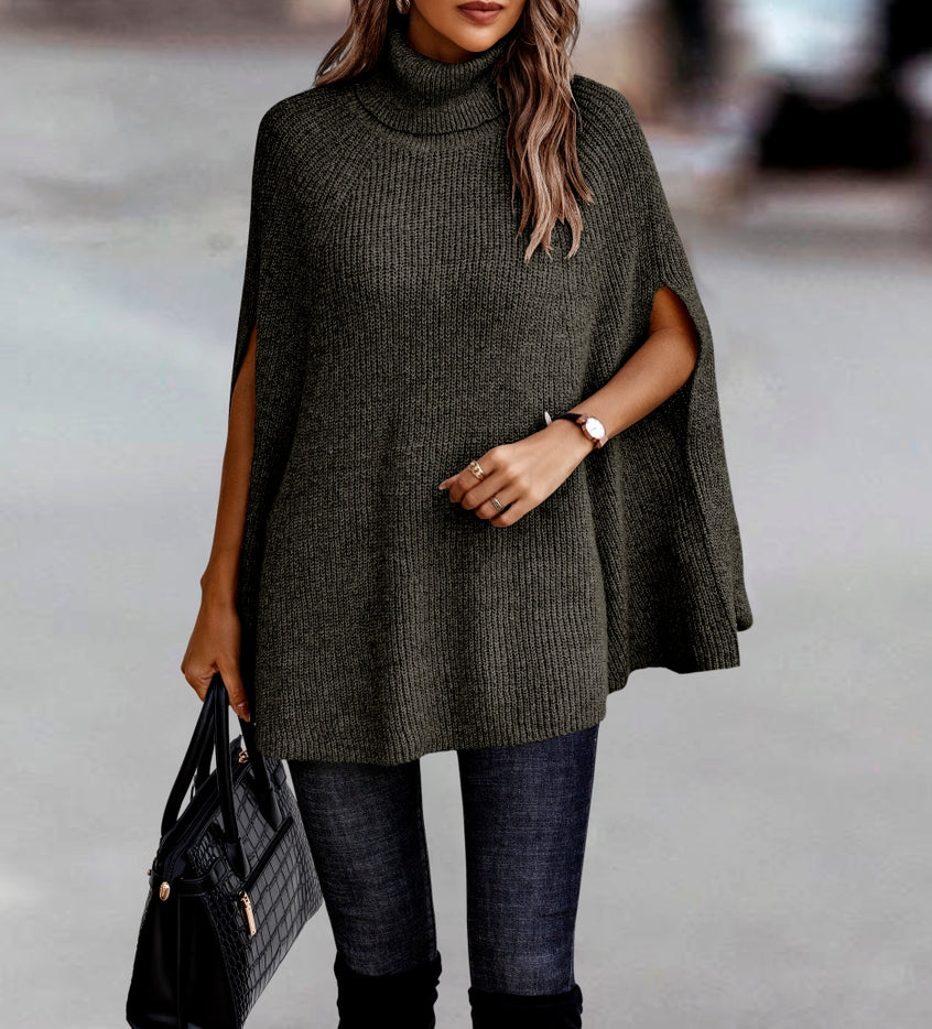 Women Poncho Ribbed Knit Turtleneck