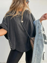 Casual Roll Up Sleeve Oversized Studded Wash Tee