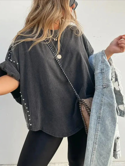 Casual Roll Up Sleeve Oversized Studded Wash Tee