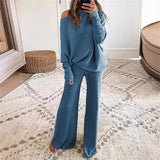 Women Long Sleeve Round Neck Long Pant Knit Set