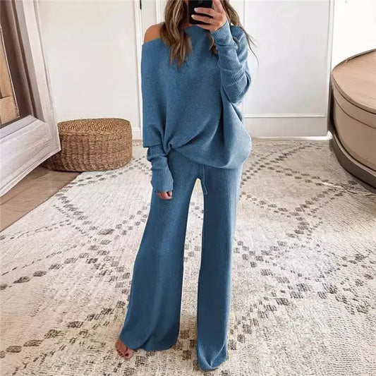 Women Long Sleeve Round Neck Long Pant Knit Set