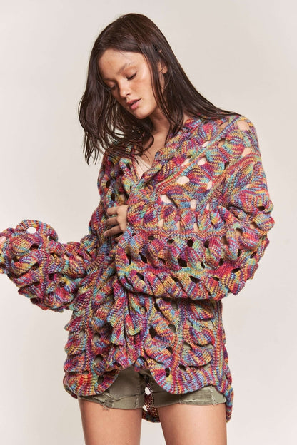 Women Multi Color Open Long Sleeve Sweater Cardigan