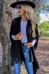 Women Solid Black 3D Textured Open Front Soft Kimono Cardigan: Black / One Size