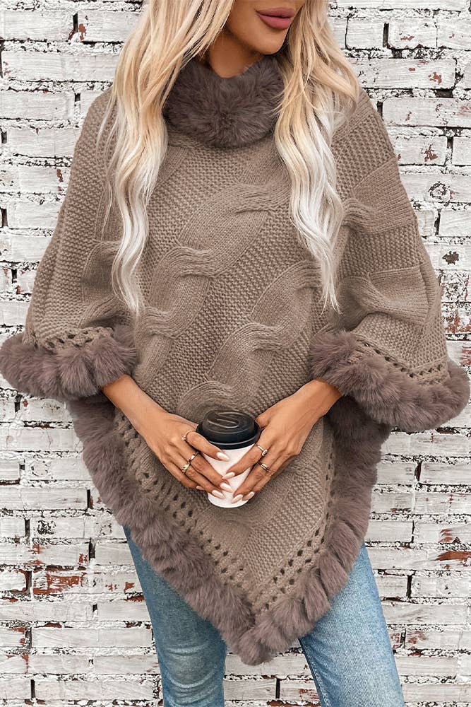 Women Faux Fur Collar Chunky Cable Knit Sweater Cape Coffee
