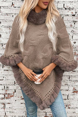 Women Faux Fur Collar Chunky Cable Knit Sweater Cape Coffee