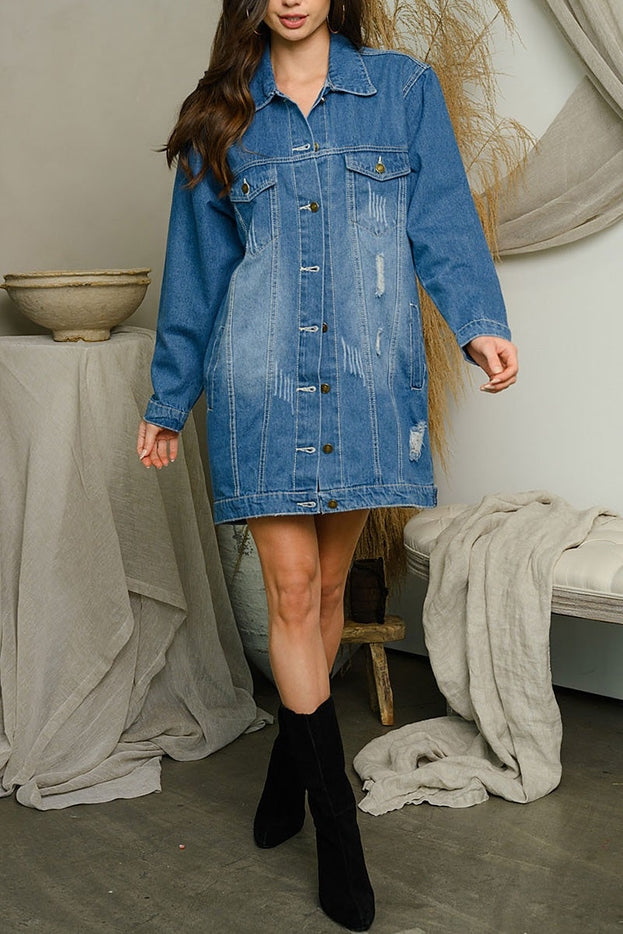 Junior & Women Long Sleeve Graphic Back Denim Dress Jacket