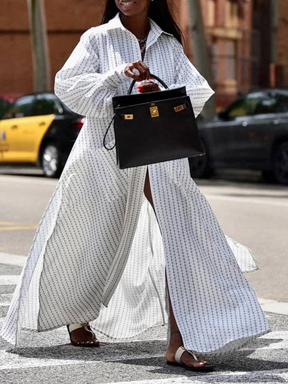 Long Sleeves Loose Buttoned Split-Side Striped Lapel Maxi Dresses Shirt Dress: WHITE / L