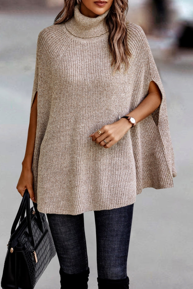 Women Poncho Ribbed Knit Turtleneck