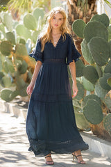 Women V- Neck Lace trim Maxi Dress By Bluivy