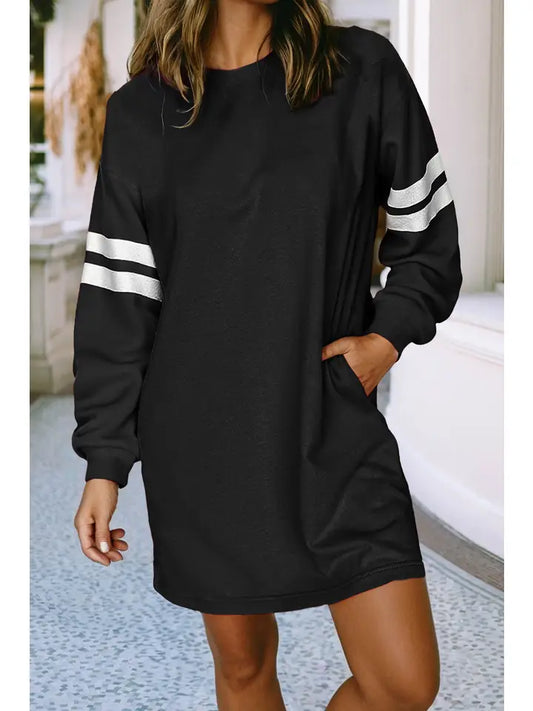 Women Long Sleeve Casual Solid Pocketed Mini Dress