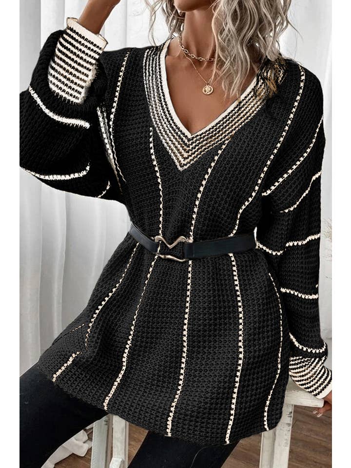 Women Striped Tunic Sweater V Neck