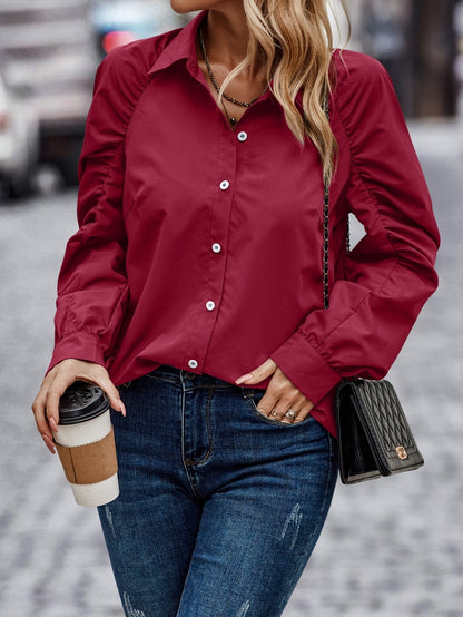 Women Ruched Long Sleeve Button Down Shirt