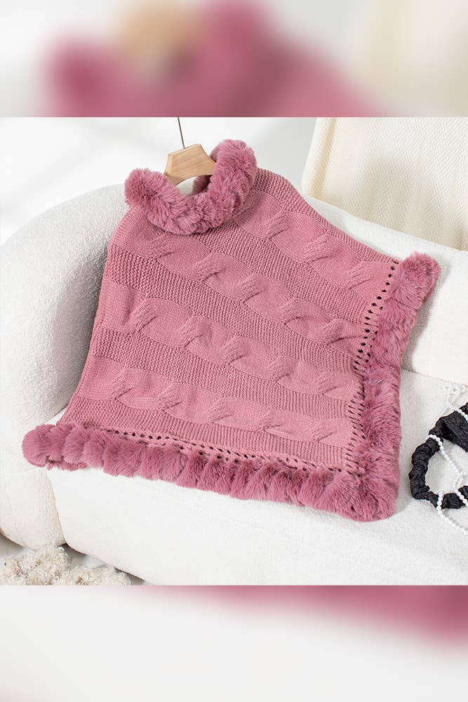 Women Faux Fur Collar Chunky Cable Knit Sweater Cape Coffee