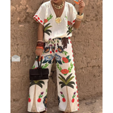 V-Neck Short Sleeve Printed Linen Wide-Leg Pants Set