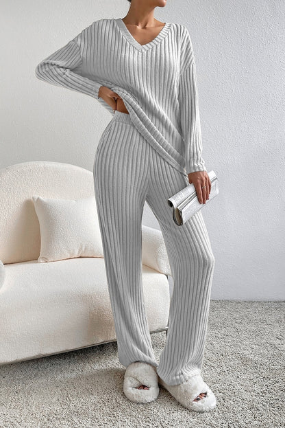 Women Long Sleeve Ribbed Knit V Neck Lounge Set By Lovesoft