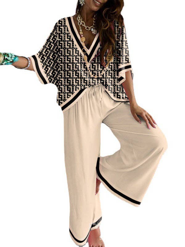 Urban Loose Printed V-Neck T-Shirts Tops& Drawstring Wide Leg Pants Suits: KHAKI / L