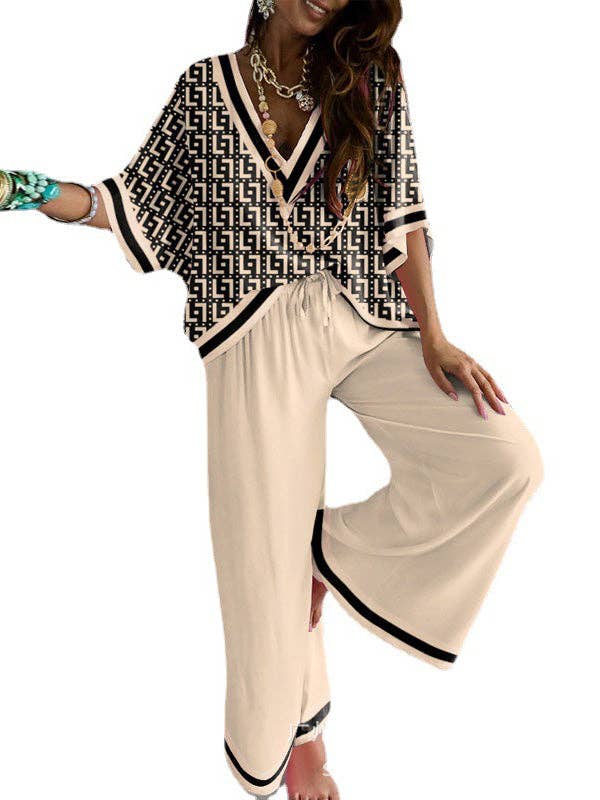 Urban Loose Printed V-Neck T-Shirts Tops& Drawstring Wide Leg Pants Suits: KHAKI / L