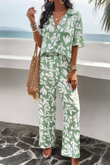 Printed Button Up Shirt and Pants 2pcs Set Black