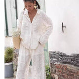 Women Fashionable White Jacquard Co-ord Set: WHITE / L